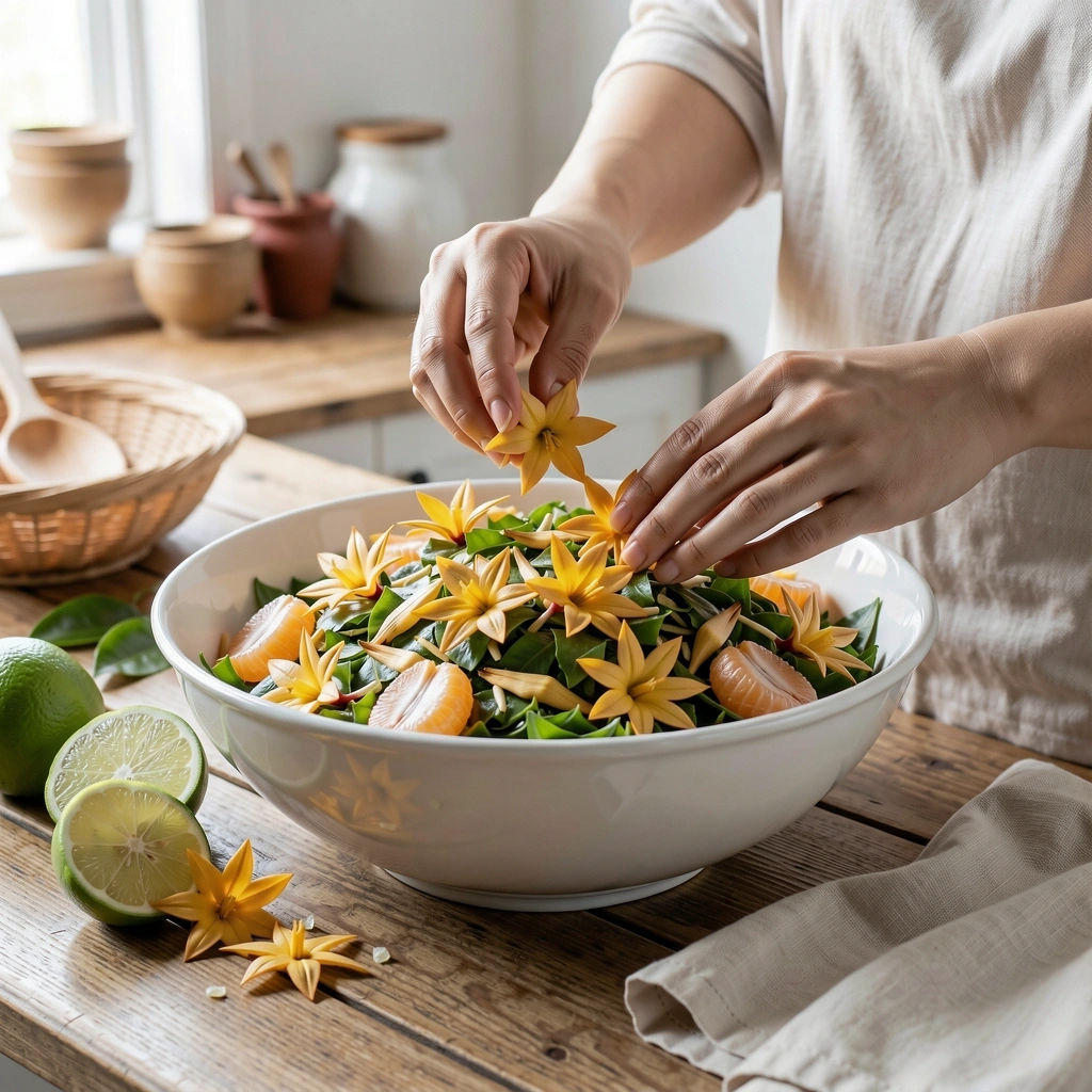 Penyediaan salad segar dengan bunga kantan